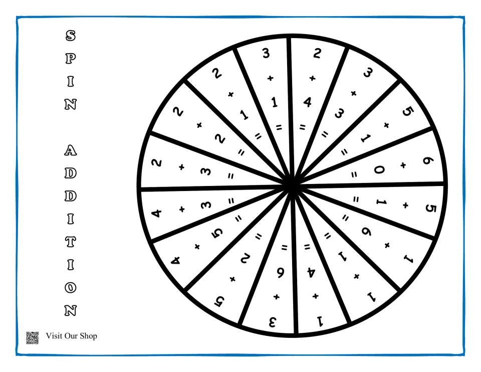 Addition spinner: a circle of 16 sections, each with a sum such as 5 + 2 or 6 + 0, for students to spin and solve