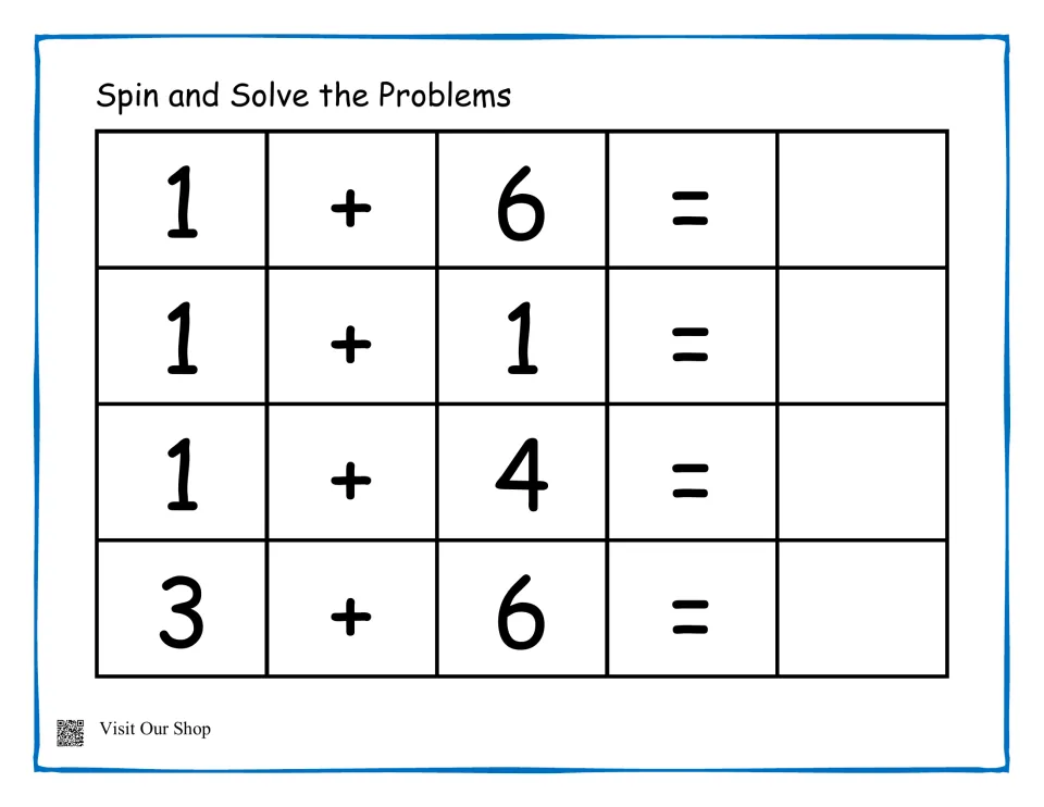 Spin and Solve the Problems: students add 1 + 6, 1 + 1, 1 + 4 and 3 + 6 and write each sum, practising addition facts