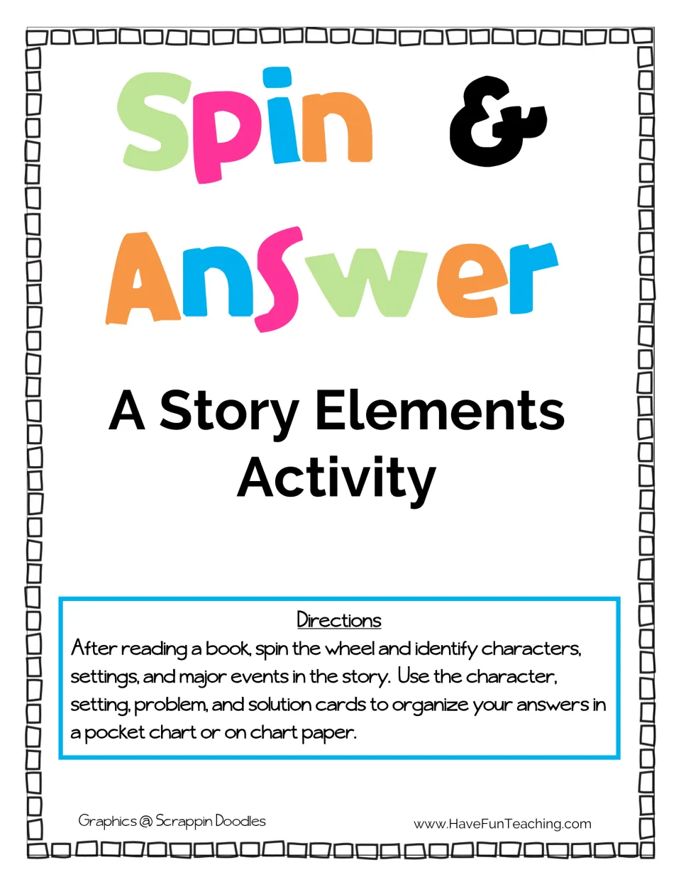 Spin & Answer story elements cover with directions: after reading, spin the wheel to name characters, setting and events