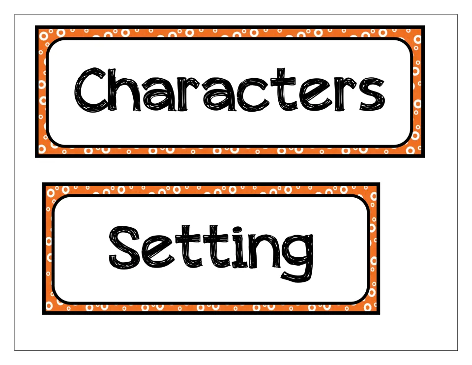 Story elements header cards reading Characters and Setting, used to sort students' answers about a book
