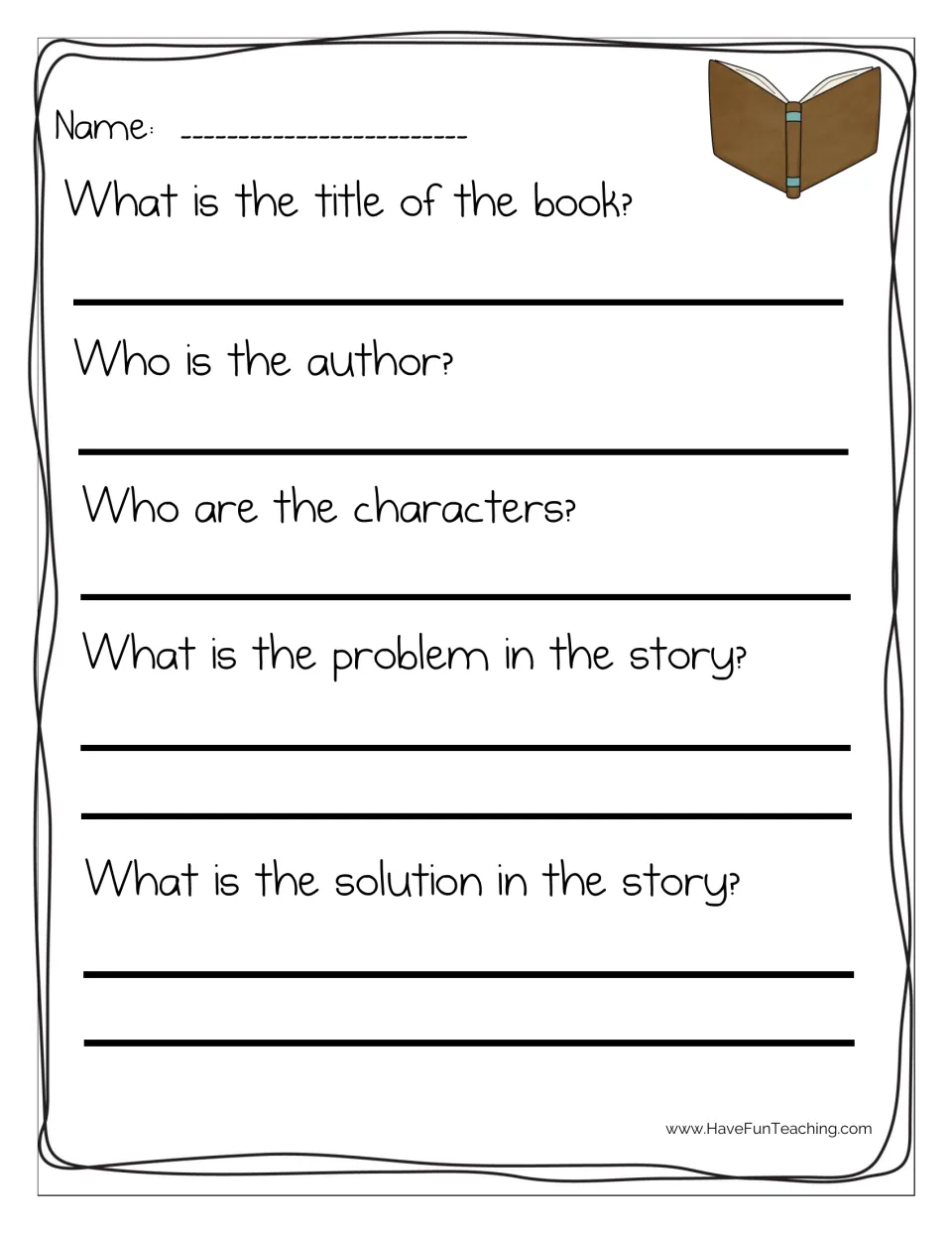 Book response sheet: students write the title, author, characters, problem and solution of a story they have read