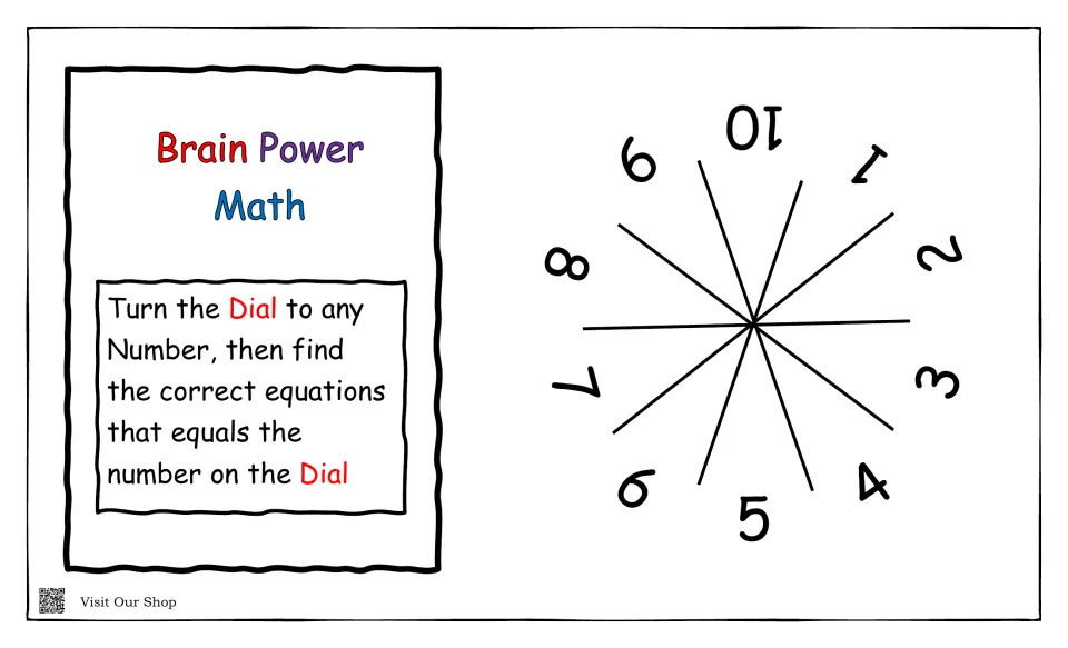 Brain Power Math directions: turn the dial to a number from 1 to 10, then find the equations that equal that number