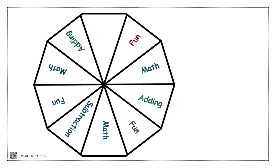 Spinner top cut-out piece: ten-sided wheel labeled Adding, Math, Fun, Subtraction and one blank segment