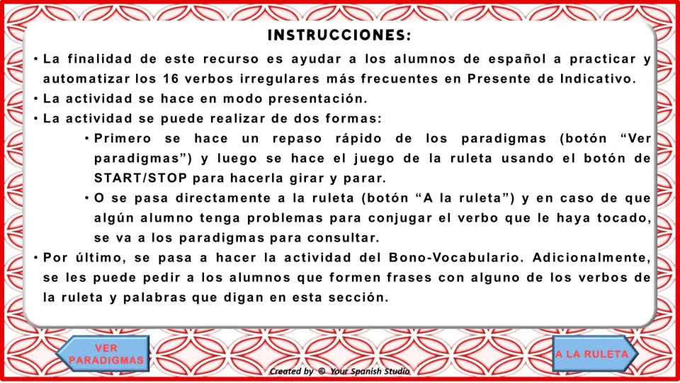 Game instructions: review 16 irregular Spanish verbs, spin the roulette wheel, then practice vocabulary.