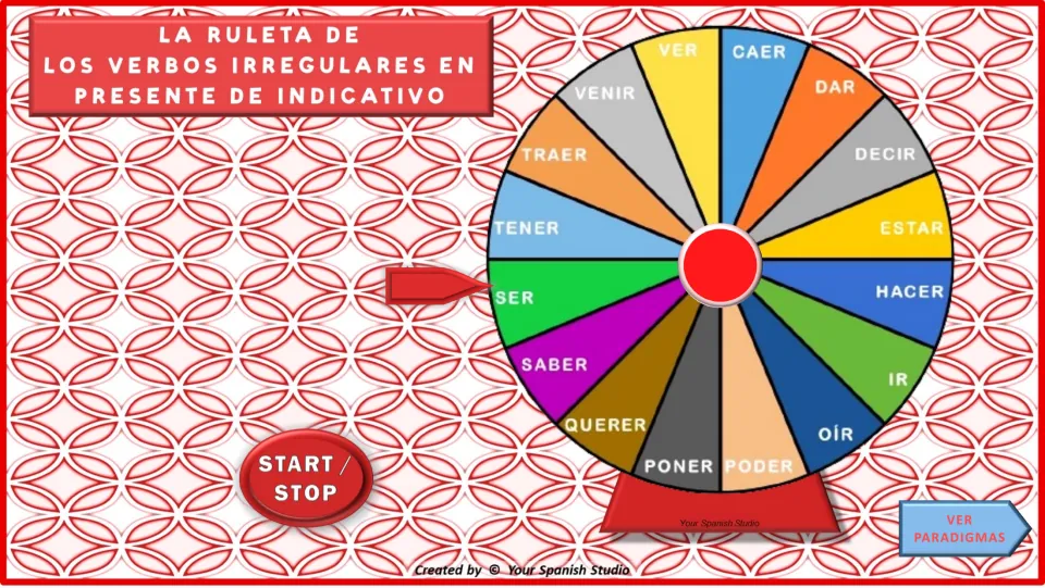 Spanish conjugation roulette: 16 verbs, including caer (to fall) and dar (to give), with a START/STOP button.