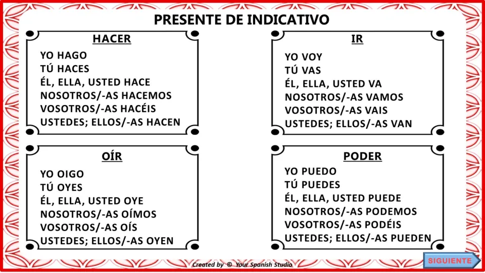 Present indicative charts 5–8: hacer (to do), ir (to go), oír (to hear), and poder (to be able to).