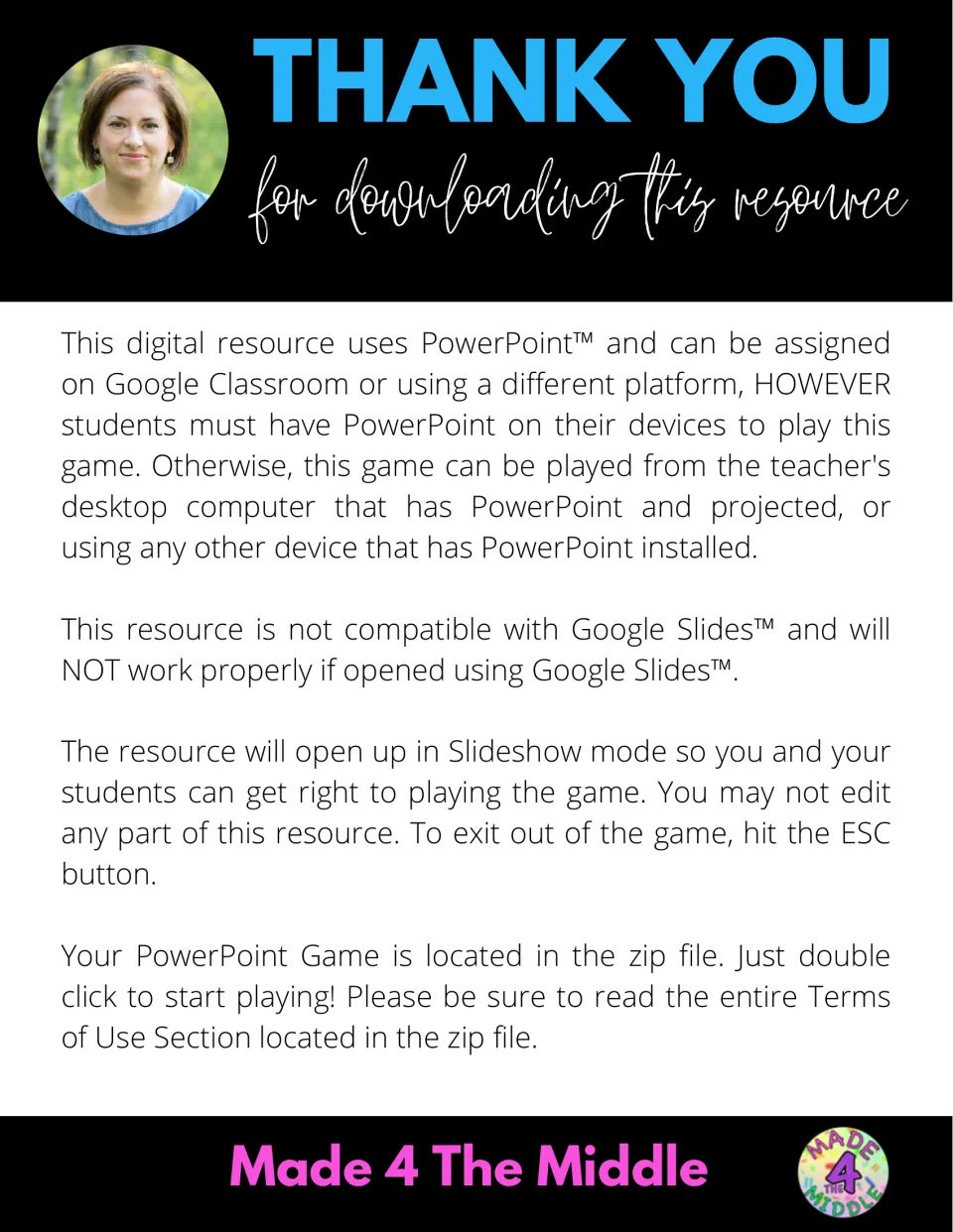 Thank-you note with setup steps: the game runs in PowerPoint slideshow mode from a zip file and won't work in Google Slides