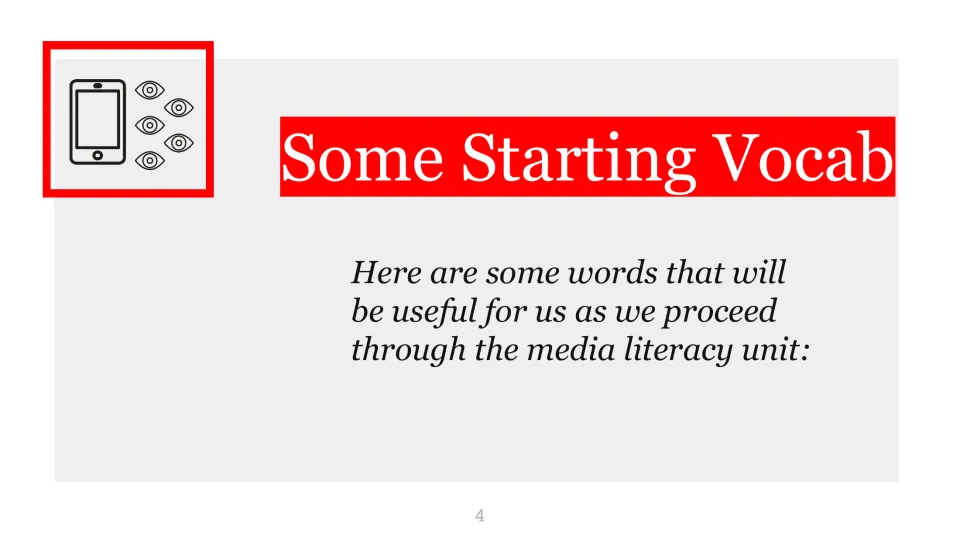 Vocabulary introduction slide announces words students will use as they proceed through the media literacy unit