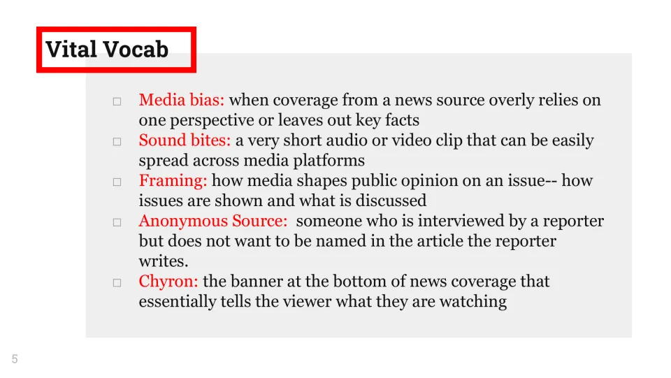 Vital Vocab slide defines media bias, sound bites, framing, anonymous source, and chyron for the media literacy unit