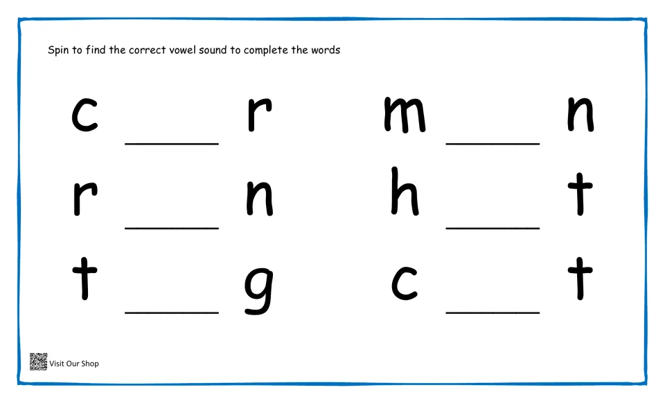 Missing-vowel words: students spin for a vowel sound and write it to finish c_r, r_n, t_g, m_n, h_t and c_t
