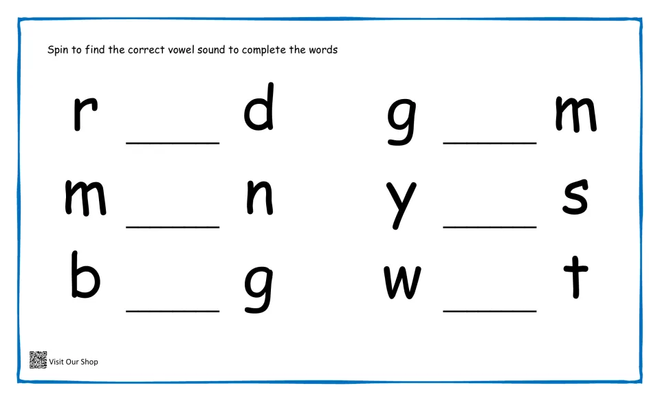 Three-letter words with the middle vowel missing: students spin and fill in r_d, m_n, b_g, g_m, y_s and w_t