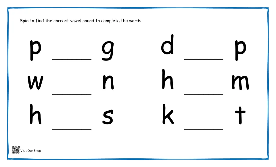 CVC word building: students spin the vowel wheel, say the sound and complete p_g, w_n, h_s, d_p, h_m and k_t