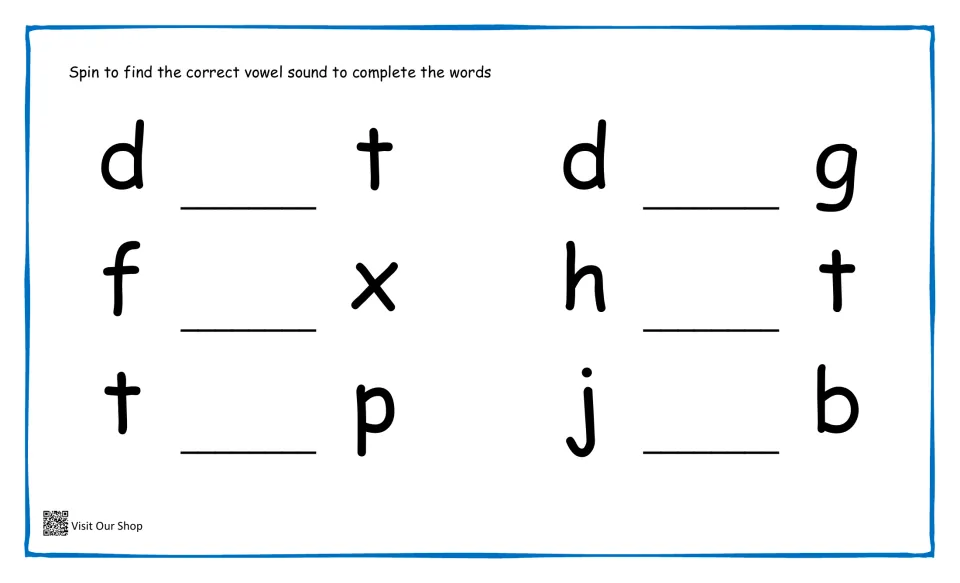 Vowel sound blending: students spin to choose a vowel that completes d_t, f_x, t_p, d_g, h_t and j_b
