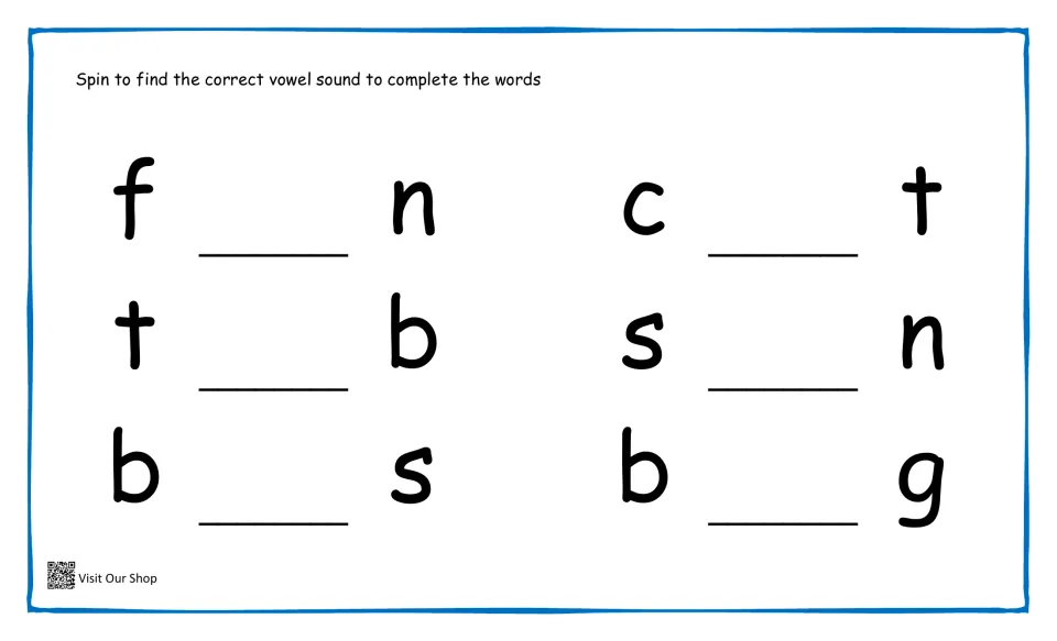 Fill-in vowel words: students spin, say the vowel sound and write it to finish f_n, t_b, b_s, c_t, s_n and b_g