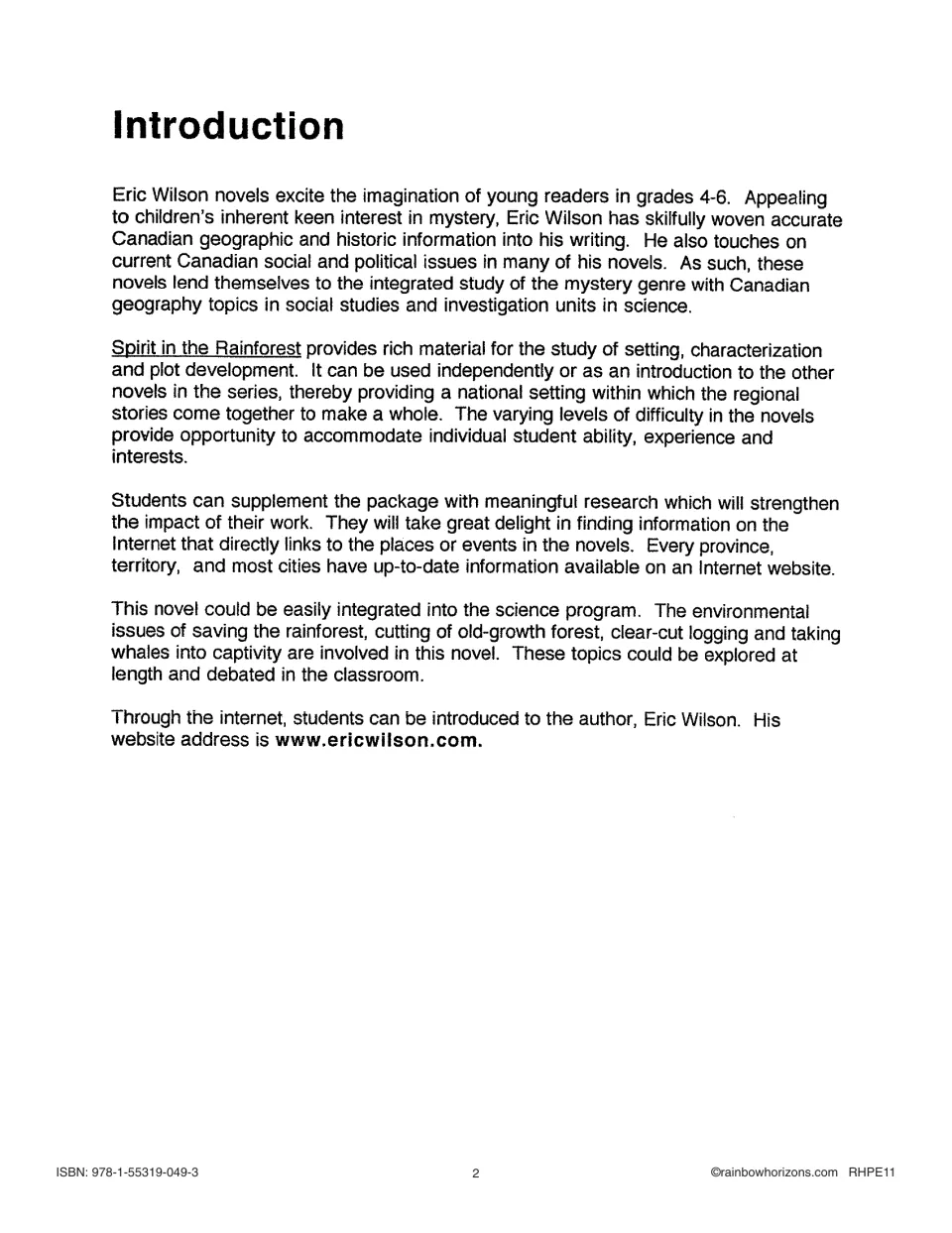 Novel study introduction explaining Eric Wilson's mysteries, literary elements, and environmental connections