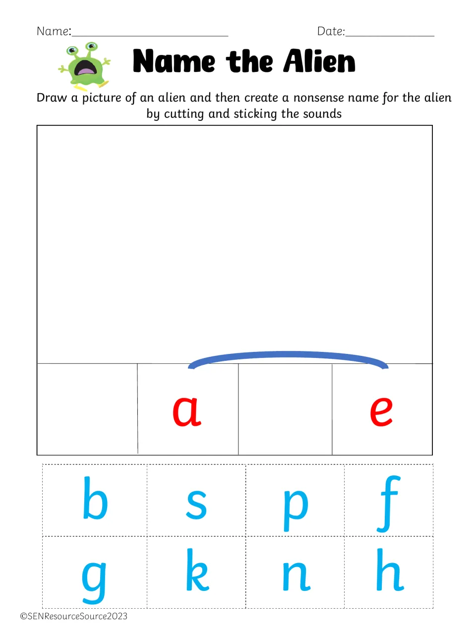 Split digraph a_e: students draw an alien, then cut out b, s, p, f, g, k, n and h to build its nonsense a_e name