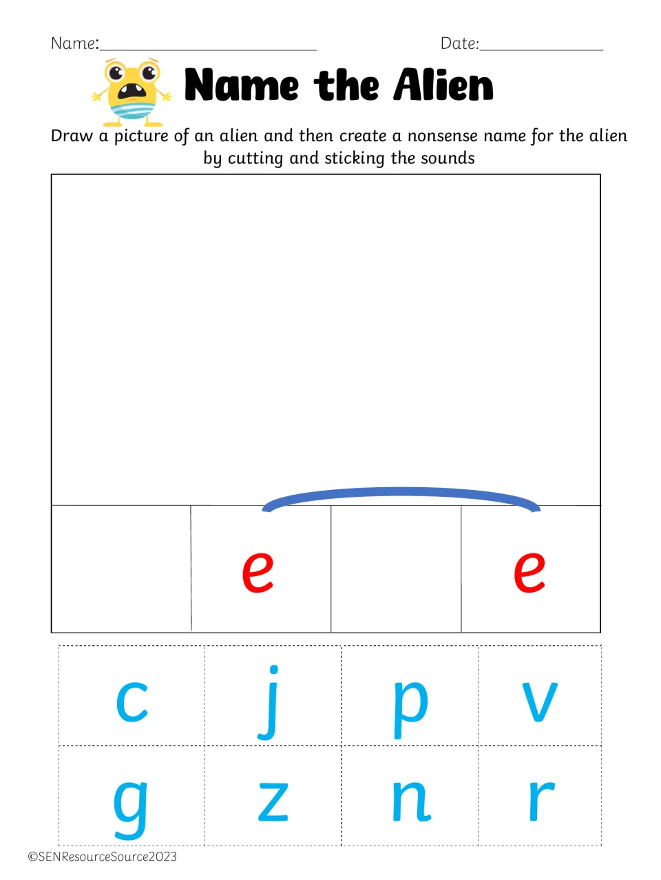 Split digraph e_e: students draw an alien and cut and stick c, j, p, v, g, z, n or r around e_e to make a nonsense name