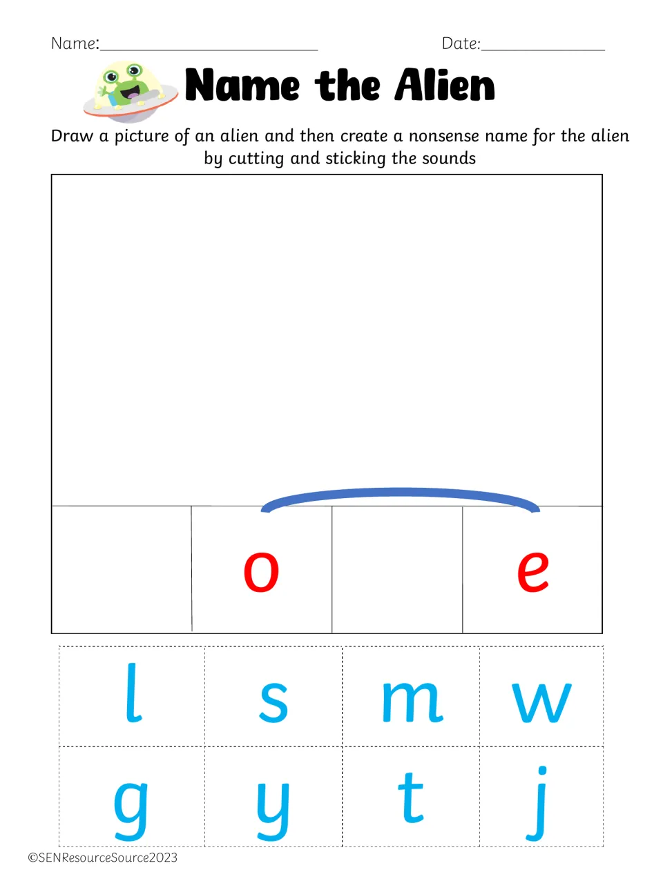 Split digraph o_e: students draw an alien and build its silly name by sticking l, s, m, w, g, y, t or j around the o_e