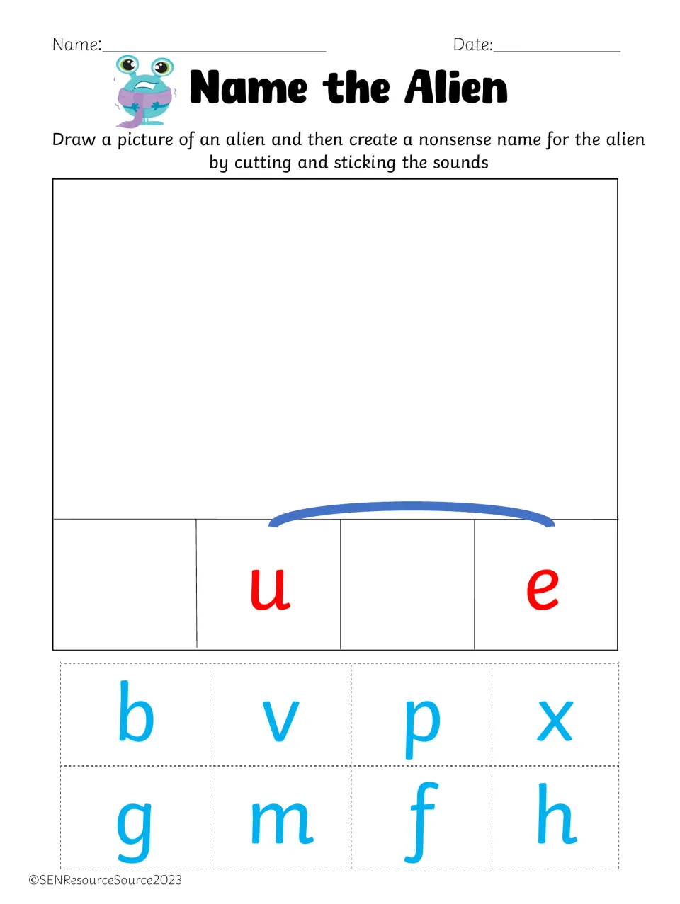 Split digraph u_e: students draw an alien, then cut b, v, p, x, g, m, f or h tiles to form a made-up u_e name for it