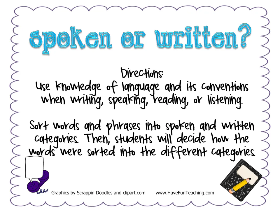 Spoken or Written? title page with directions: sort words and phrases into spoken and written groups and explain why