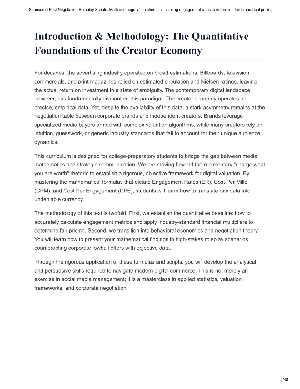 Unit introduction connecting engagement rates, CPM, and CPE calculations to sponsorship negotiation