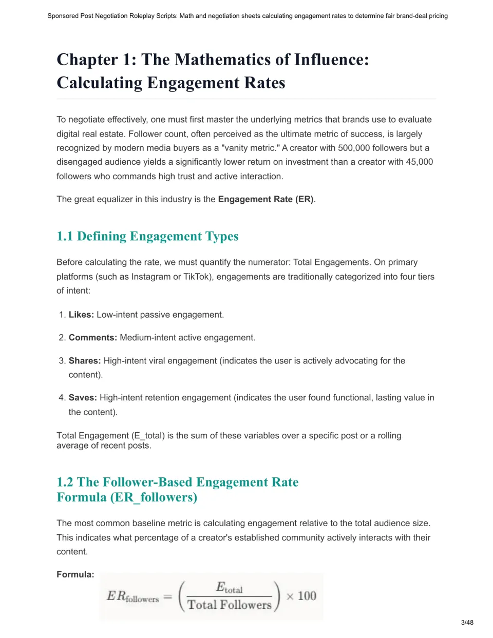 Chapter 1 lesson defining likes, comments, shares, and saves and the follower-based engagement rate formula