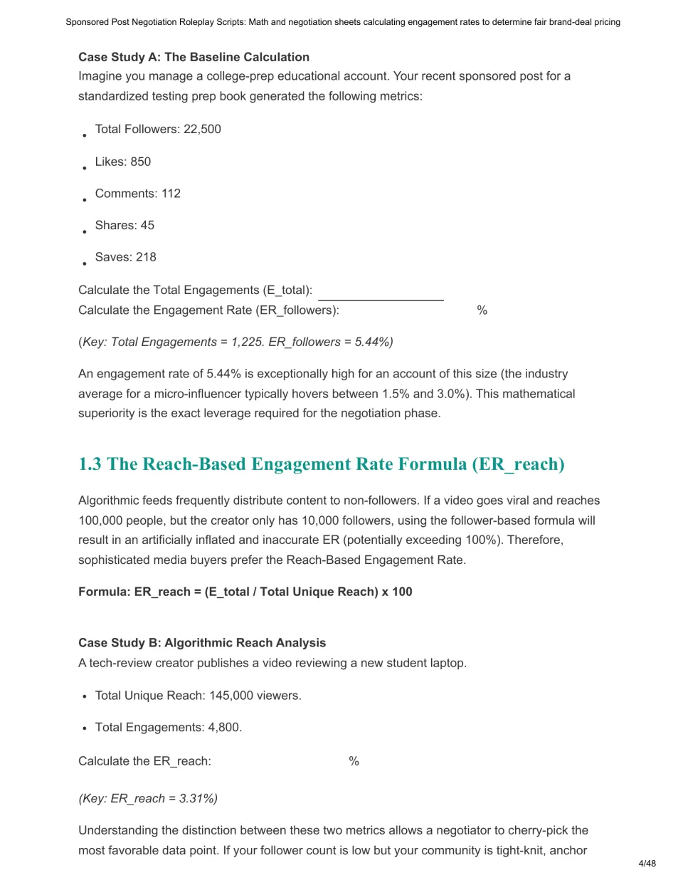 Engagement rate lesson with follower-based and reach-based case studies yielding 5.44% and 3.31%