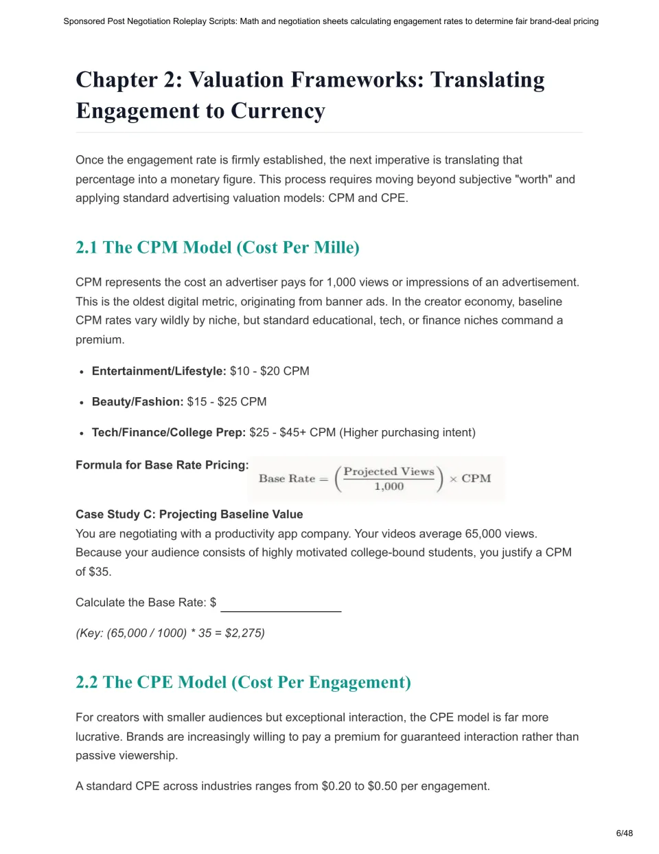 Chapter 2 pricing lesson introducing CPM and CPE, with a case study using 65,000 views and a $35 CPM