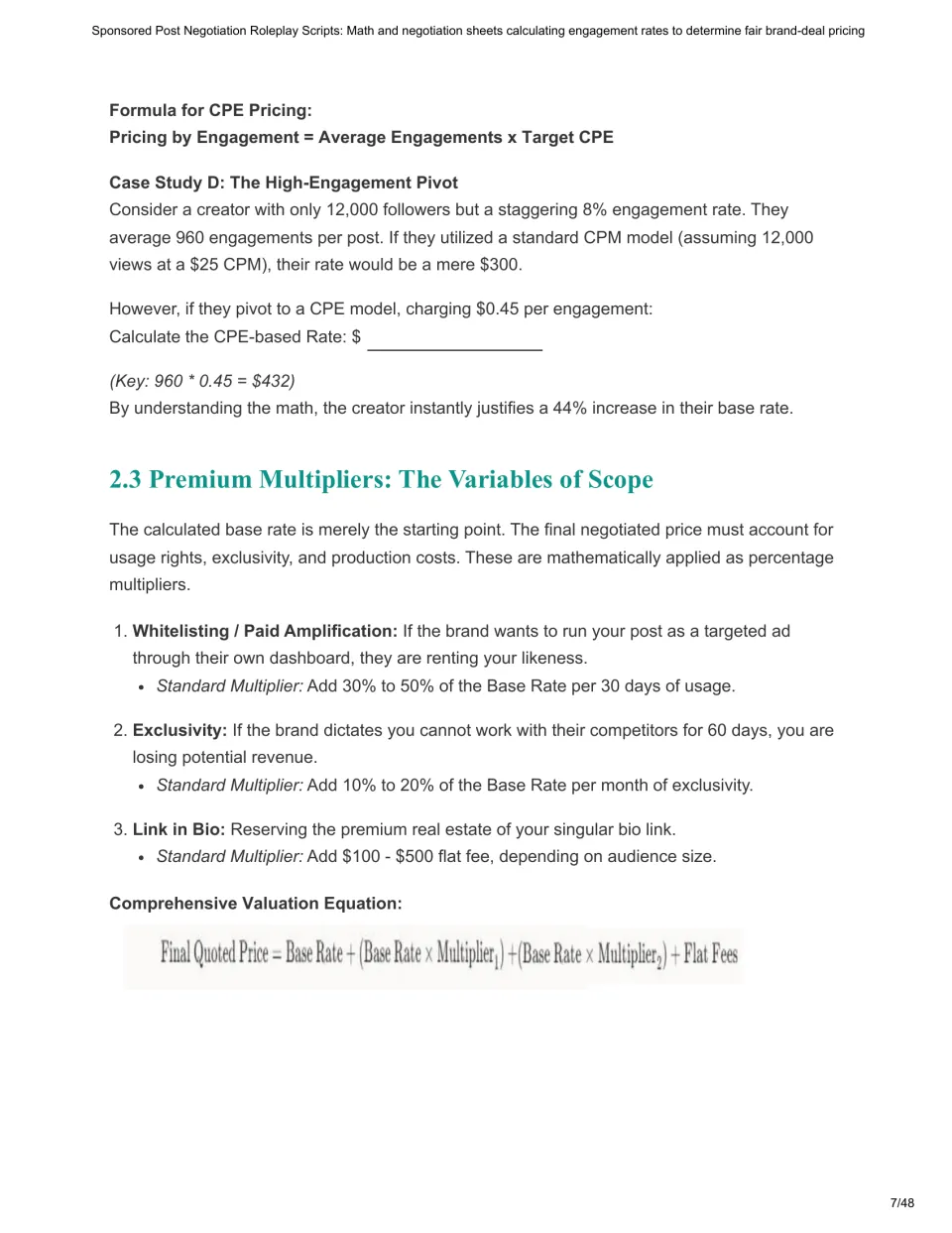 Chapter 2 lesson calculating a $432 CPE rate and adding fees for paid amplification, exclusivity, and bio links