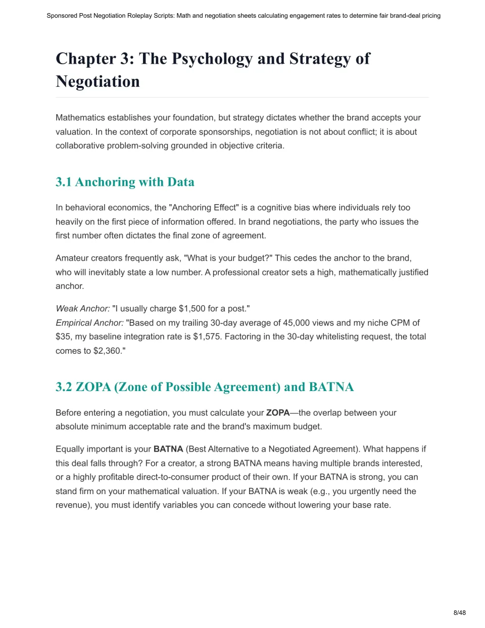 Chapter 3 negotiation lesson explaining data-based anchoring, ZOPA, and BATNA with sample pricing statements