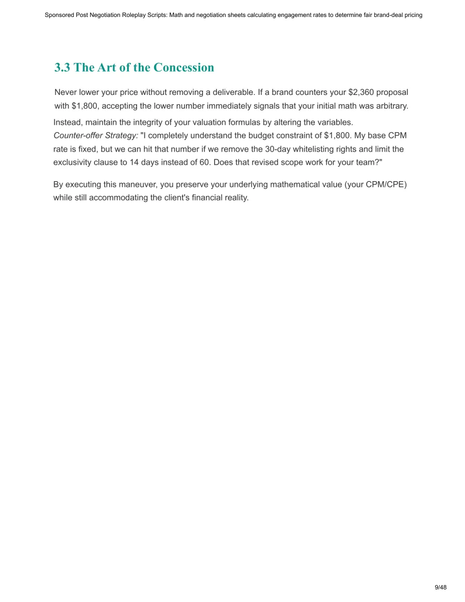 Chapter 3 concession lesson modeling a response to an $1,800 counteroffer by reducing rights and exclusivity