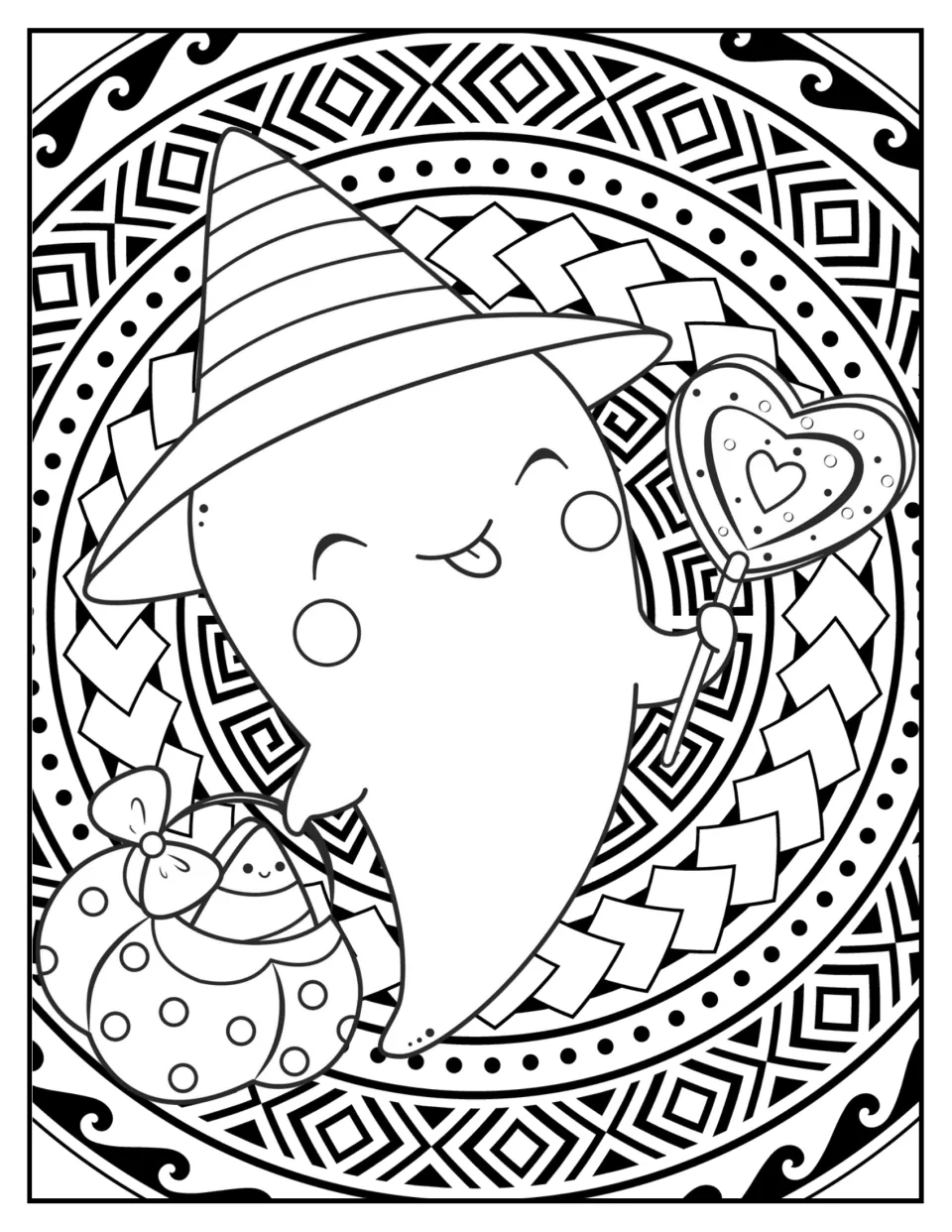 Ghost mandala coloring: a smiling ghost in a striped witch hat holds a heart lollipop beside a polka-dot candy bag