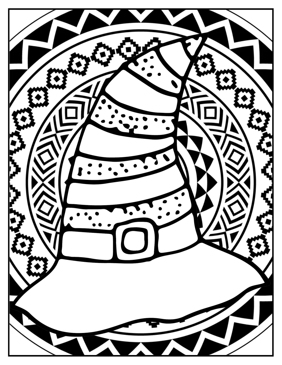 Witch hat coloring: students color a striped, speckled witch hat with a buckle set over rings of geometric patterns