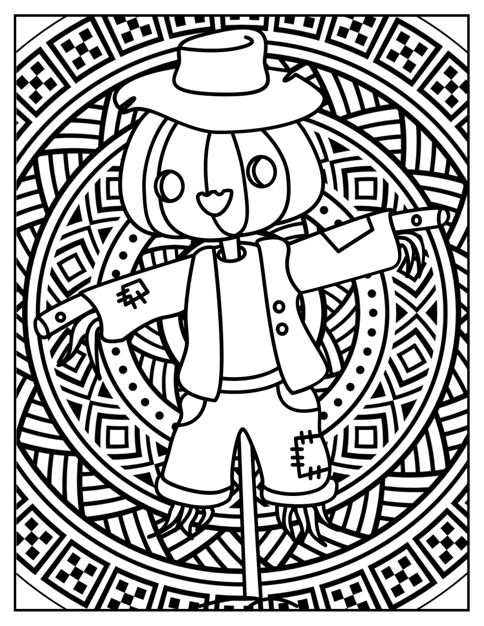 Scarecrow coloring: a pumpkin-headed scarecrow in a hat, vest and patched pants stands on a pole over checkered rings