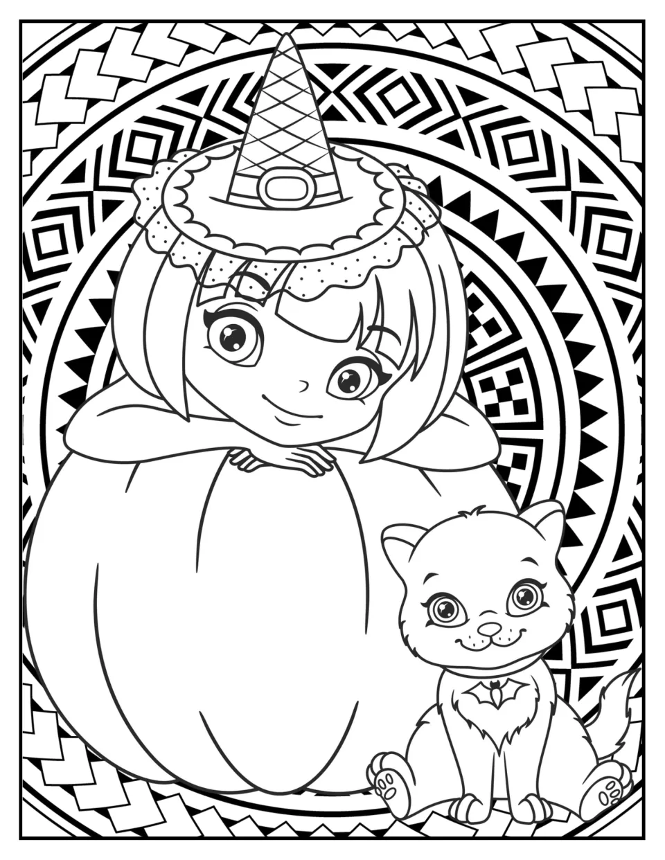 Witch girl coloring: a girl in a lacy witch hat leans on a big pumpkin next to a kitten wearing a bat-shaped collar