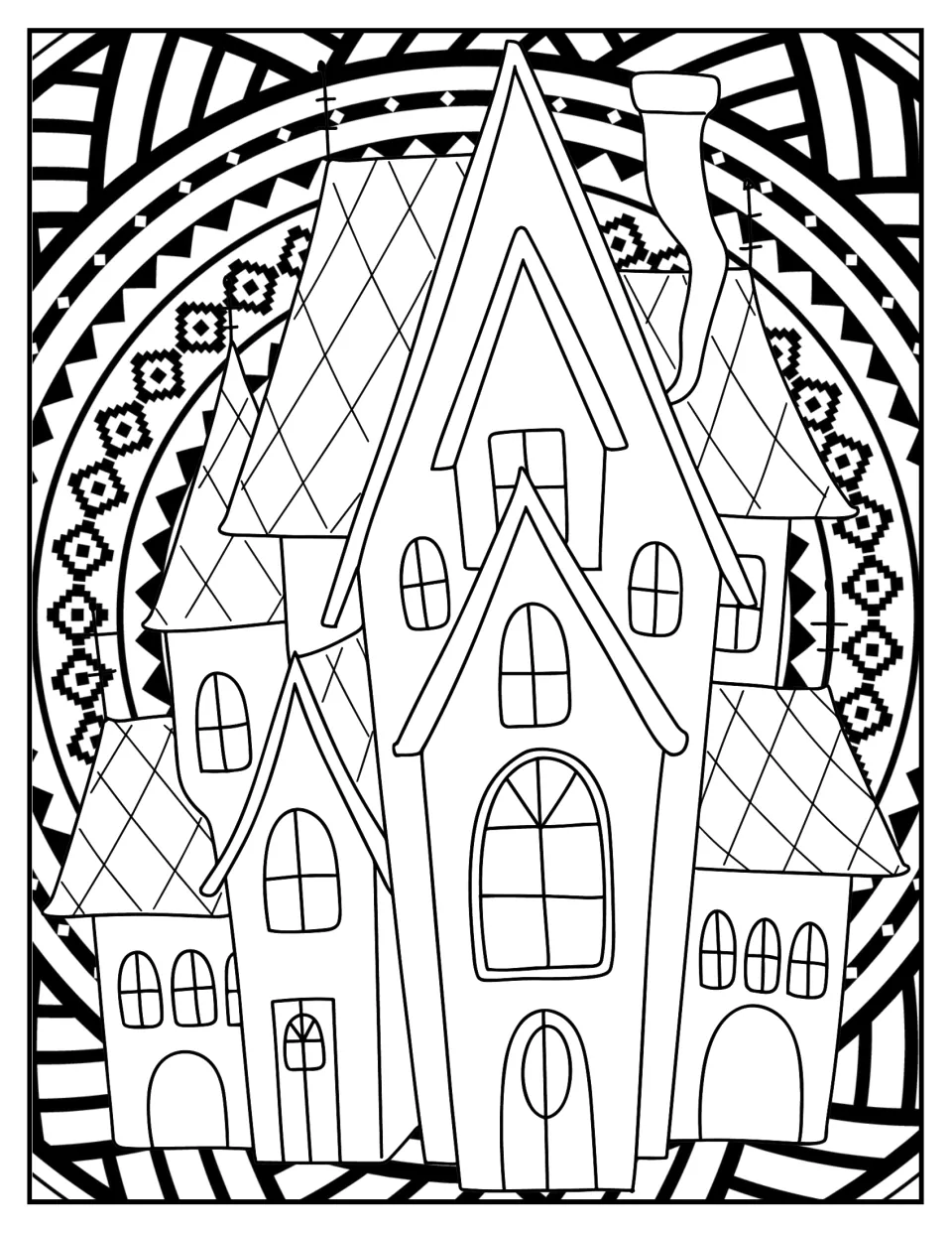 Haunted house coloring: students color a tall house with pointed diamond-tiled roofs, arched windows and a crooked chimney