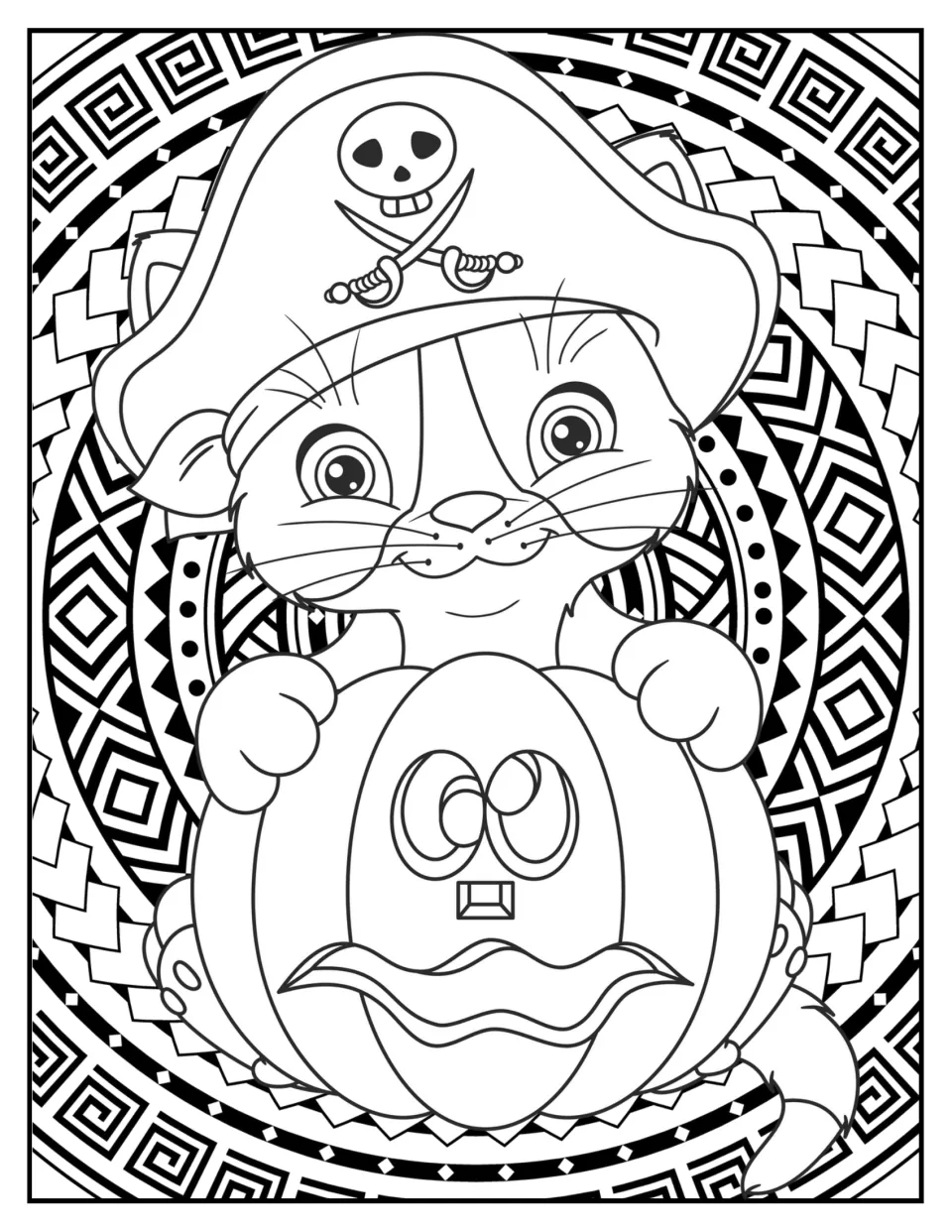 Pirate cat coloring: a kitten in a skull-and-crossbones pirate hat peeks over a jack-o'-lantern with swirly eyes