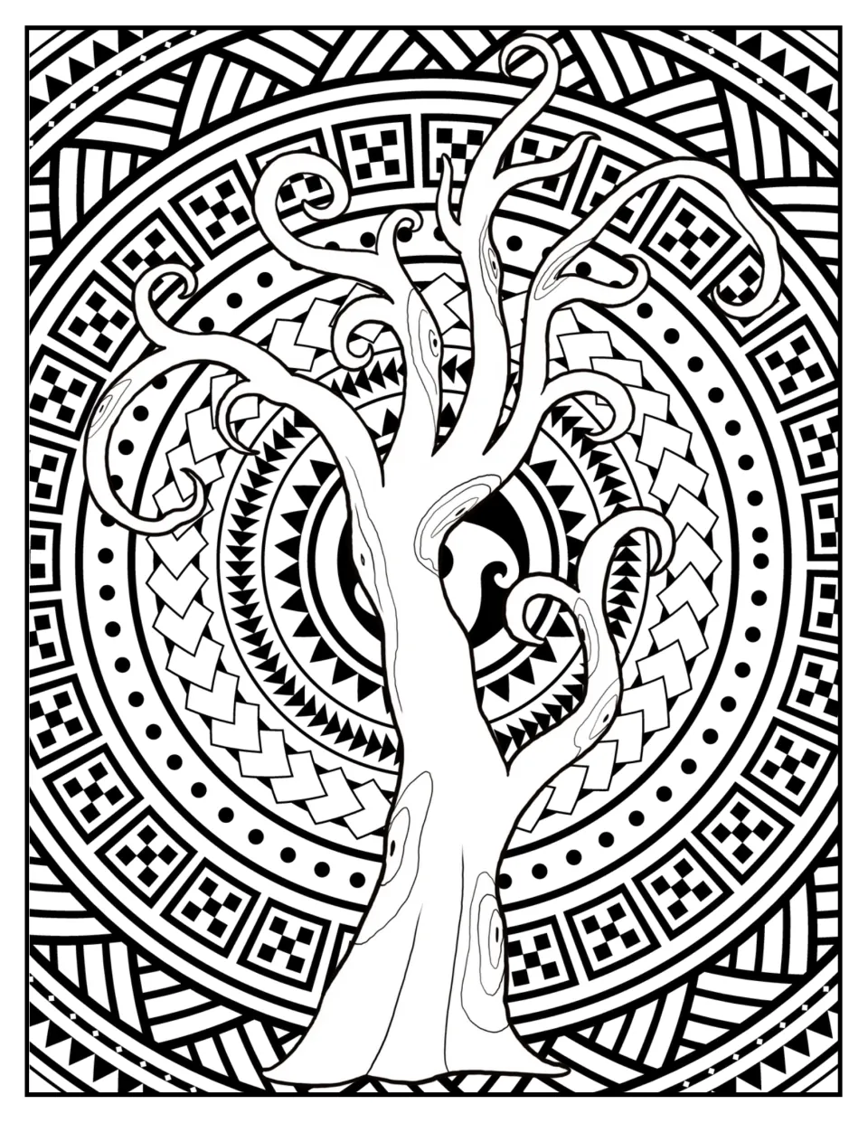 Spooky tree coloring: a bare tree with curling branches stands before layered rings of triangles, dots and checks