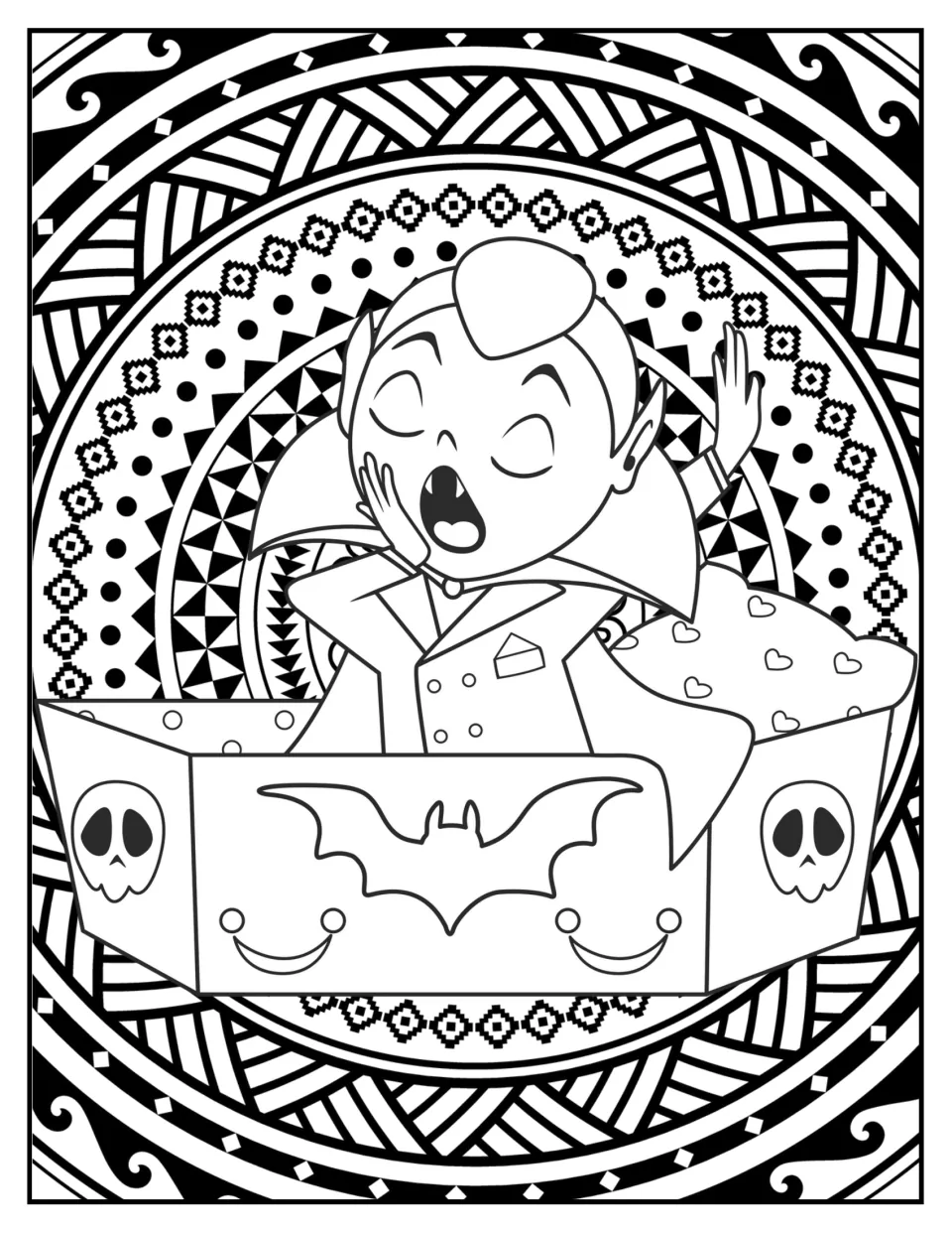 Vampire coloring: a yawning cartoon vampire in a cape rises from a coffin decorated with a bat and two skulls