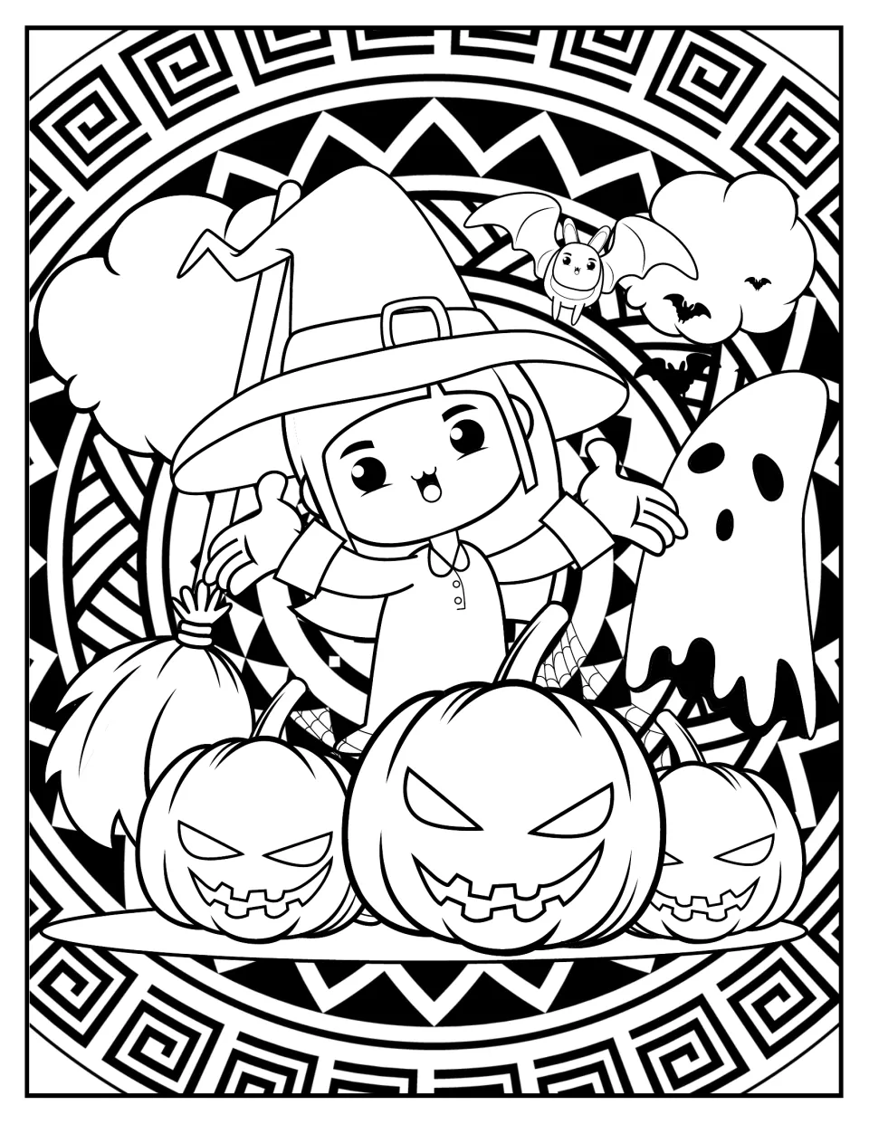 Witch scene coloring: a child in a witch hat with a broom stands behind three jack-o'-lanterns, a ghost and a flying bat