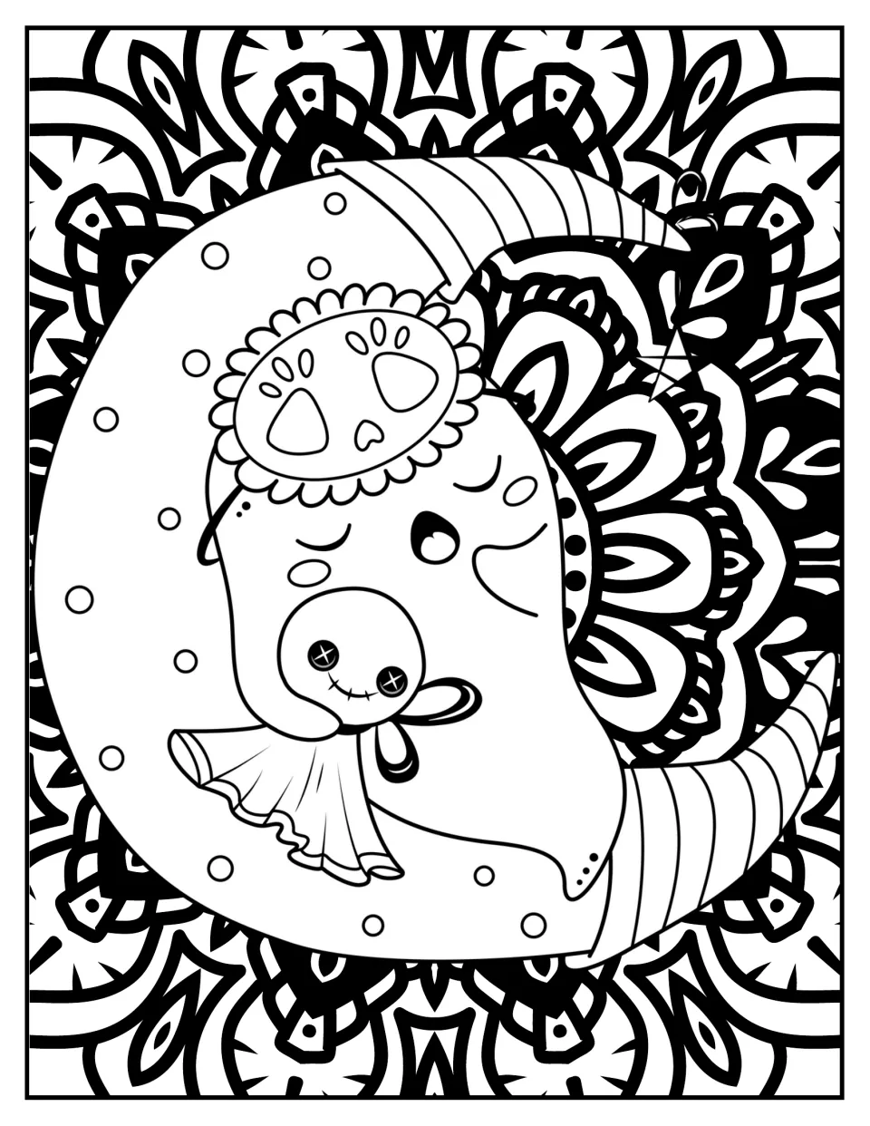 Moon coloring: a sleepy crescent moon wearing a sugar-skull flower cuddles a button-eyed ragdoll on a floral mandala