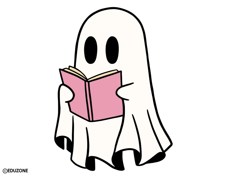 Halloween display cutout of a ghost holding an open pink book, part of the bulletin board and door decor kit