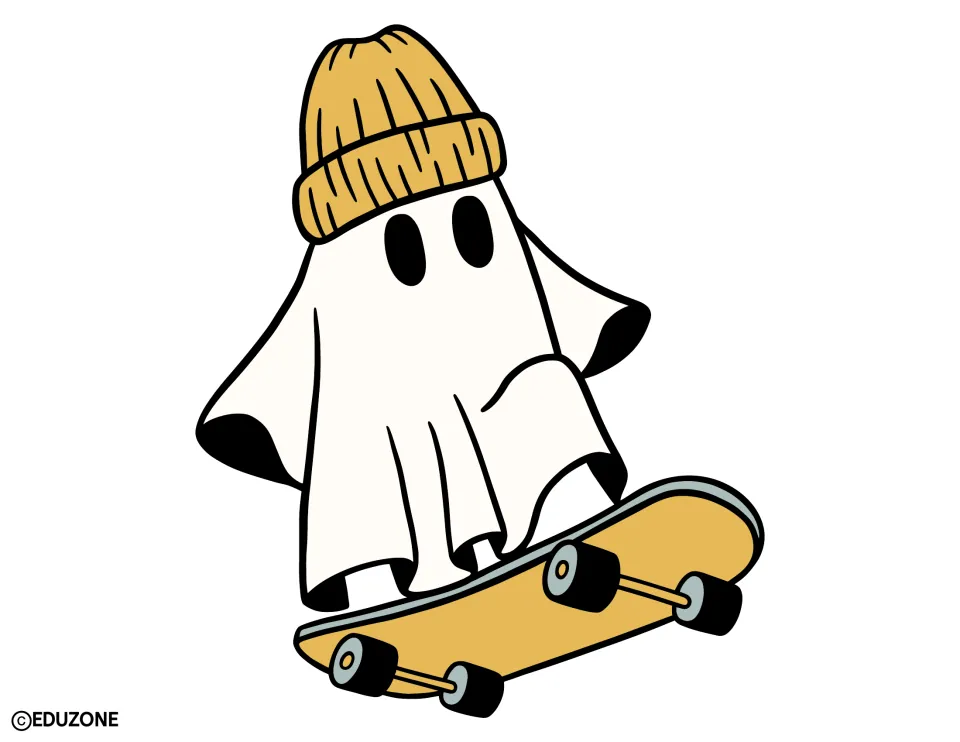 Halloween display cutout of a ghost in a yellow knit hat riding a skateboard, for bulletin board or door decor