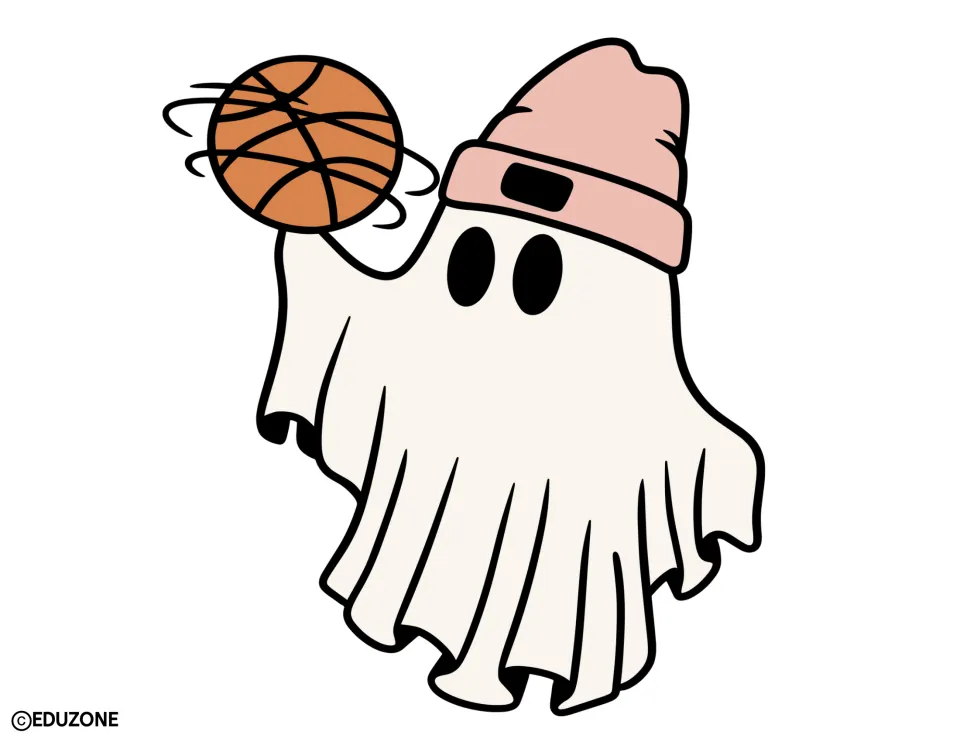 Halloween display cutout of a ghost in a pink knit hat spinning a basketball, for bulletin board or door decor