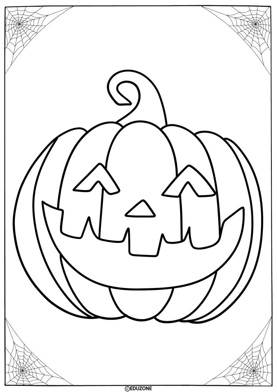 Jack-o'-lantern coloring page: students color one large smiling pumpkin with a curly stem, triangle eyes and jagged teeth