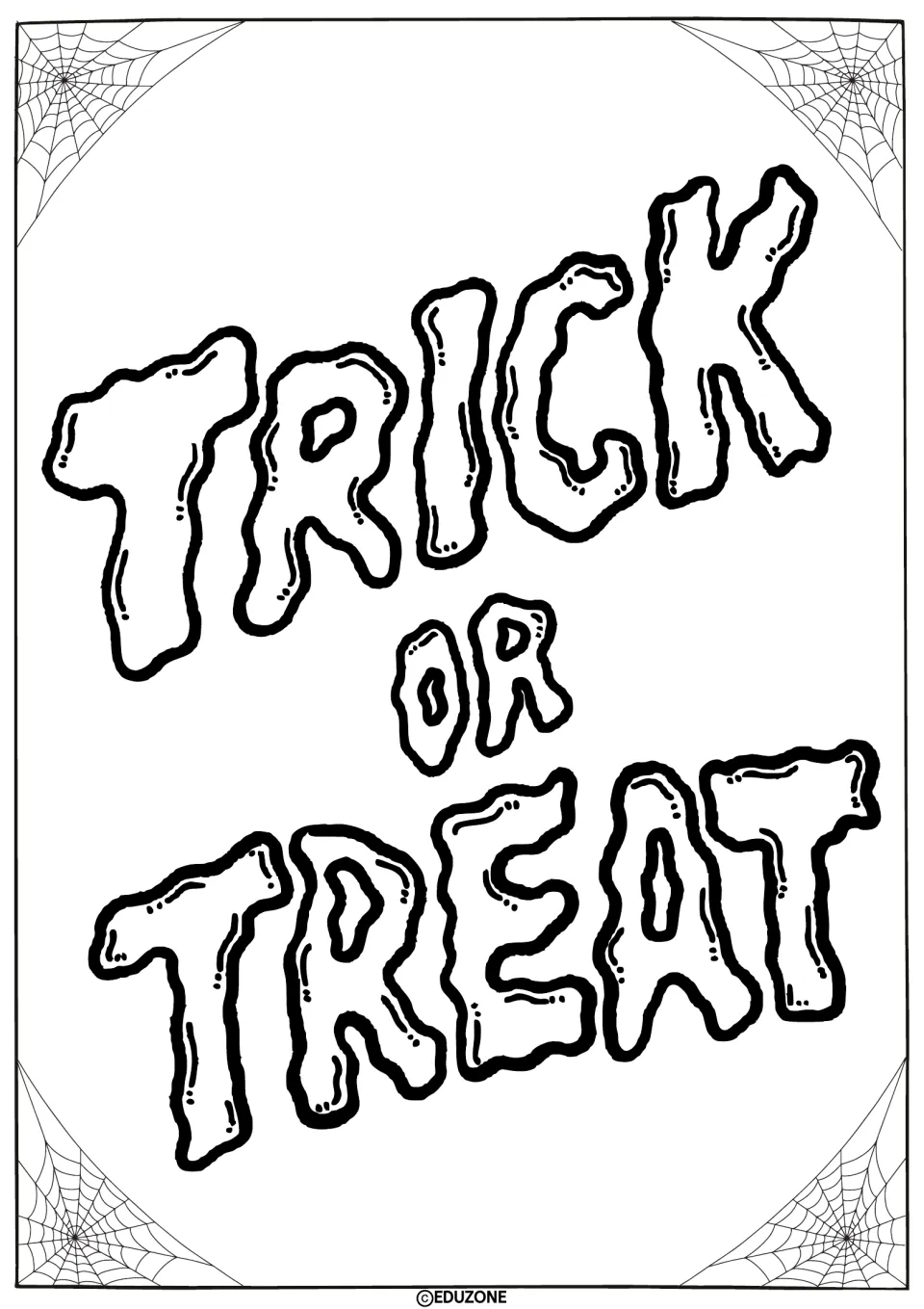 Trick or Treat coloring page: students color the three words drawn in large, wobbly outlined bubble letters