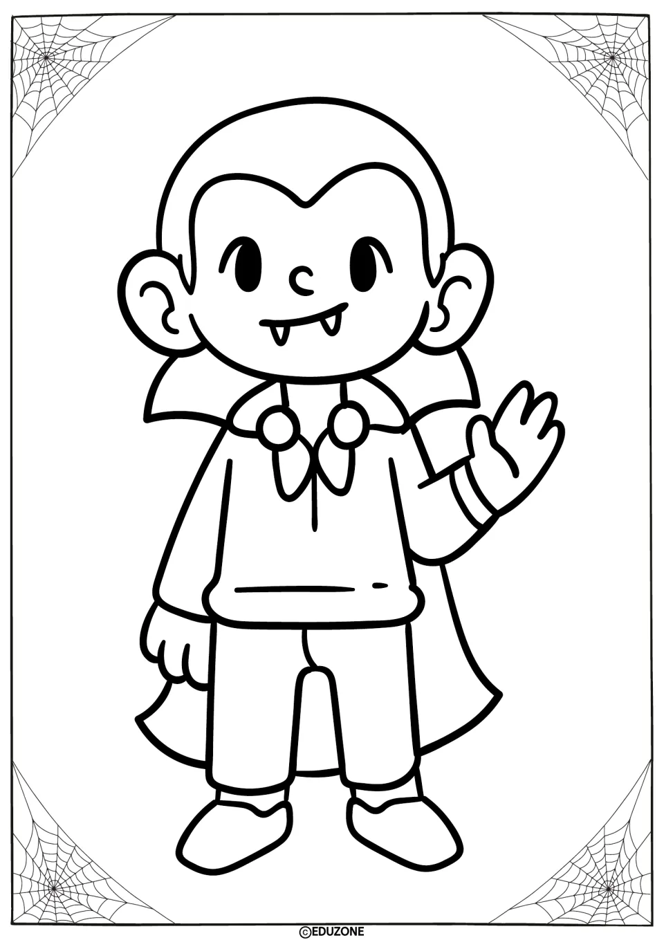 Vampire coloring page: students color a smiling cartoon child vampire with fangs and a high-collared cape, waving one hand