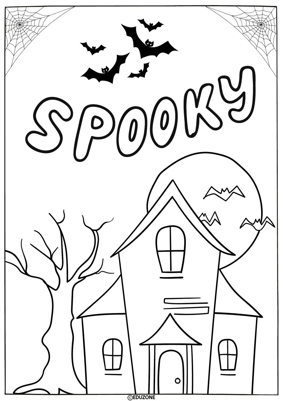 Spooky coloring page: students color the bubble-letter word Spooky, a crooked haunted house, a bare tree, moon and bats