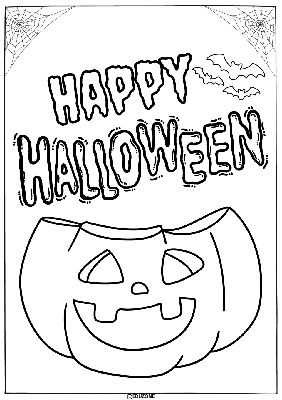 Happy Halloween greeting page: students color outlined lettering above a jack-o'-lantern candy bucket and bats