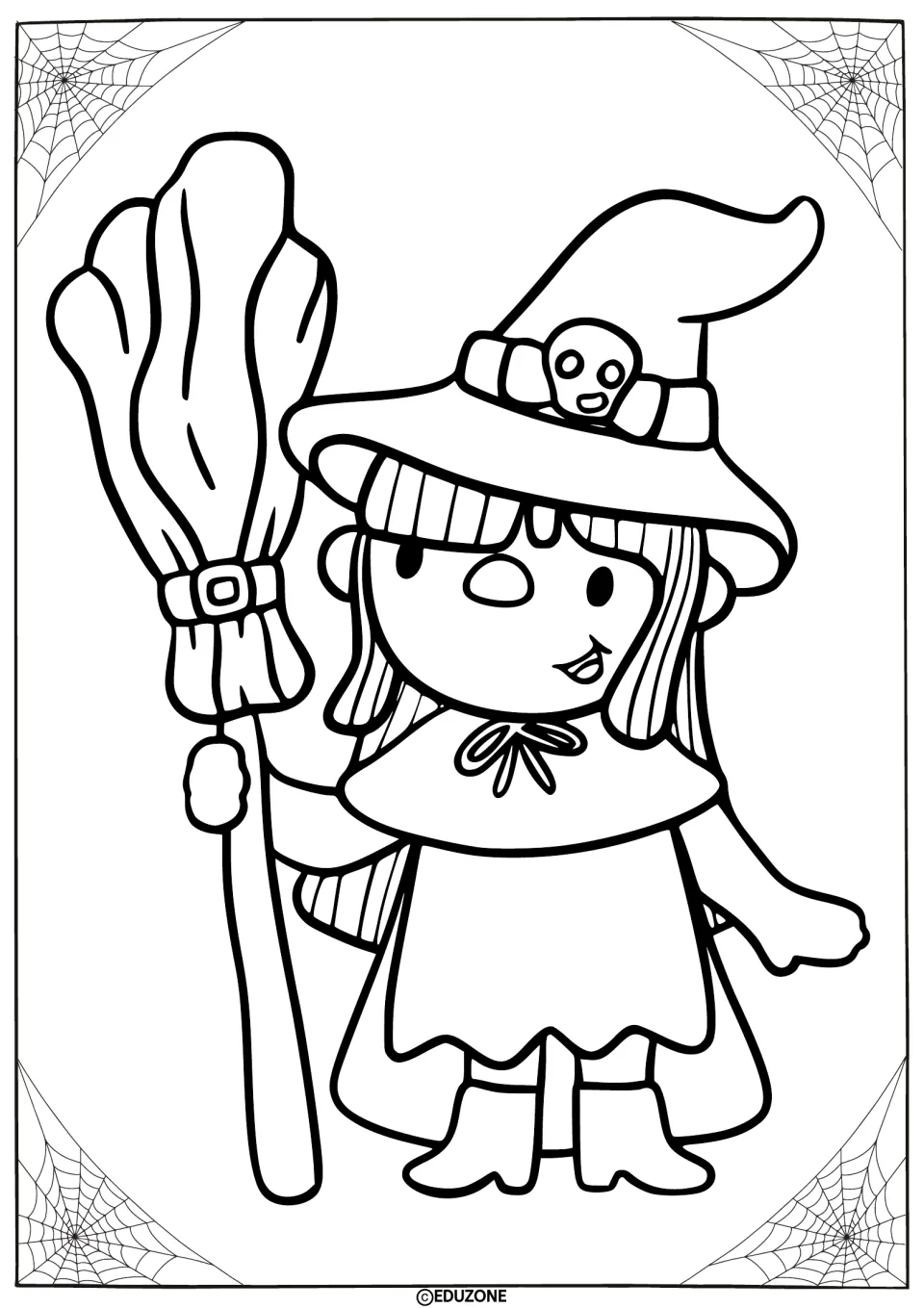 Witch coloring page: students color a cartoon child witch in a pointed hat with a skull band, holding a tall broomstick